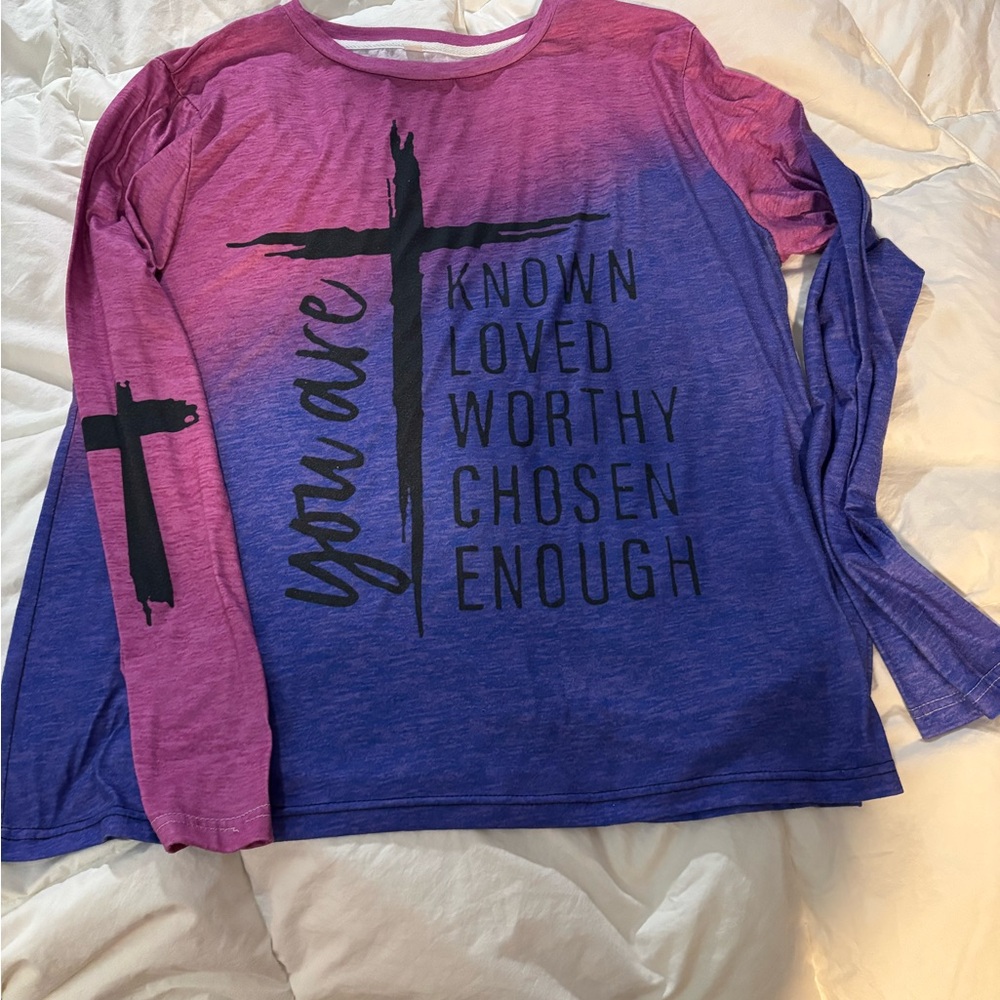 Ombre Purple-Pink Long Sleeve Graphic Tee - Inspirational Message